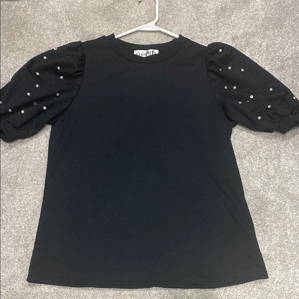 Black Embellished Puff Sleeve Blouse